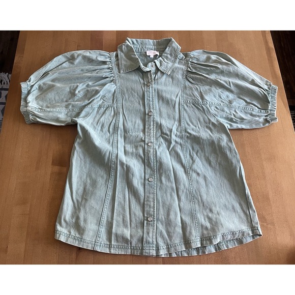 Aqua Tops - Entro Womens S Green Denim Blouse Puff Sleeve Snap Front 100% Cotton Cottagecore